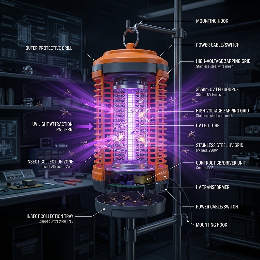 BuzzKrush Technology Diagram — UV attraction and 1000V zap grid